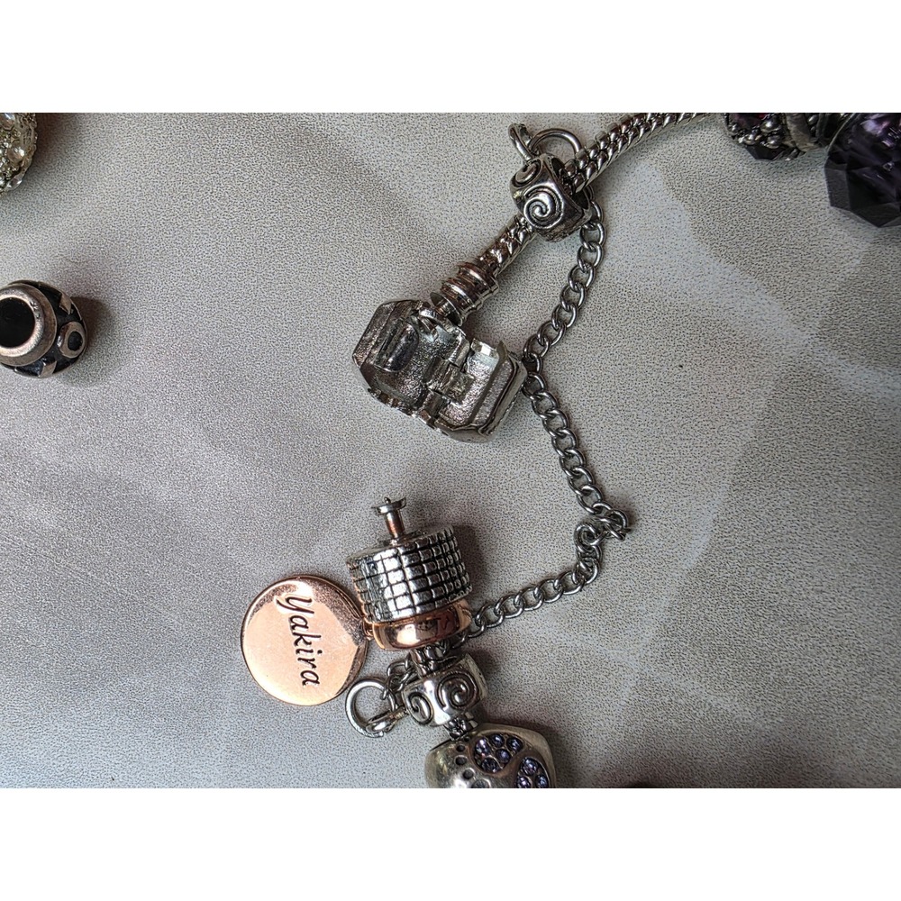 Sterling Silver Charm Bracelet Purple Murano Glass Pave Crystal Beads Yakira 48g - Picture 6 of 16